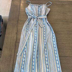 Striped Blue and Cream Wide-Leg Jumpsuit with Belt